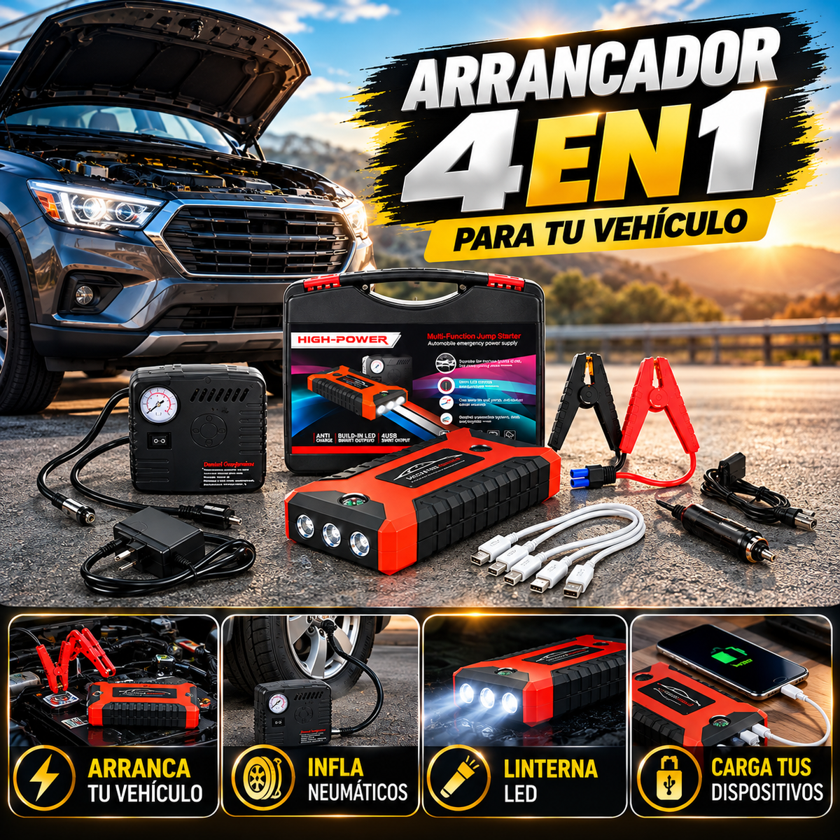 ARRANCADOR DE AUTOS CON INFLADOR DE LLANTAS MULTIFUNCIONAL