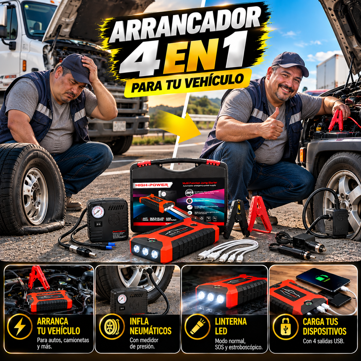ARRANCADOR DE AUTOS CON INFLADOR DE LLANTAS MULTIFUNCIONAL